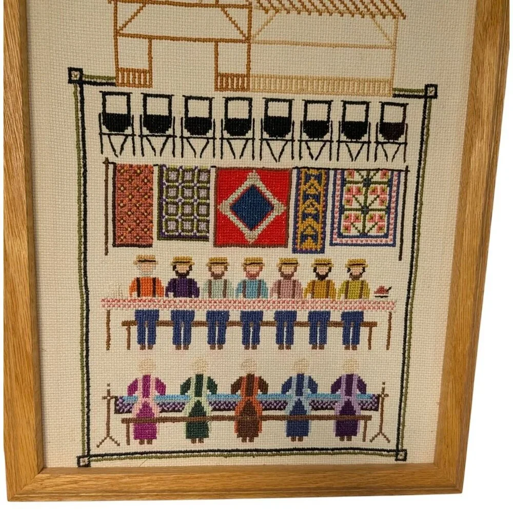 Vintage Barnraising Needlepoint Art Handcrafted Framed Cross Stitch Wall Decor - Picture 5 of 13
